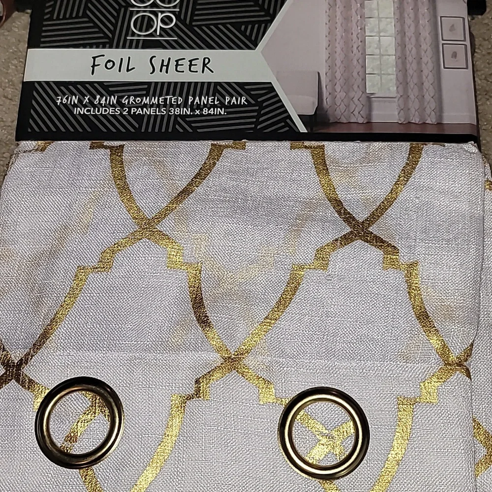 White Sheer Curtains‎ 84 inches Long Trellis Gold Foil Curtains